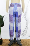 Colour Casual Print Patchwork Pocket Straight Low Waist Straight Full Print Bottoms
