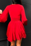 Red Casual Solid Fold V Neck Long Sleeve Dresses