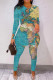 Light Blue Casual Print Slit O Neck Long Sleeve Two Pieces