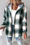 Green Casual Plaid Patchwork Hooded Collar Outerwear