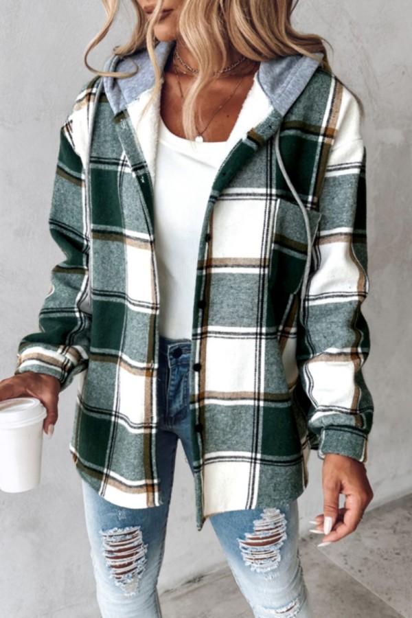 Green Casual Plaid Patchwork Hooded Collar Outerwear