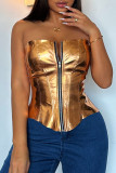 Gold Sexy Solid Patchwork Zipper Strapless Tops