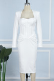Cream White Daily Elegant College Patchwork Fold Solid Color Square Collar Long Sleeve Dresses