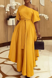 Yellow Elegant Solid Bandage Patchwork Oblique Collar A Line Dresses
