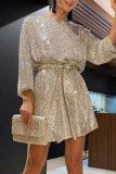 Silver Black Casual Patchwork Sequins O Neck Long Sleeve Dresses