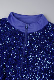 Blue Casual Patchwork Sequins Zipper Collar Plus Size Two Pieces