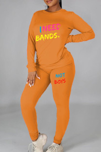 Orange Casual Print Patchwork O Neck Long Sleeve Two Pieces