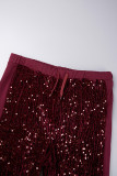 Burgundy Casual Patchwork Sequins Zipper Collar Plus Size Two Pieces