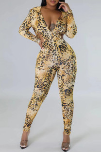 Leopard Print Casual Print Leopard Backless Hooded Collar Skinny Jumpsuits