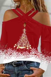 Red Casual Christmas Tree Printed V Neck Tops