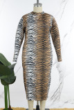 Leopard Print Casual Print Basic Half A Turtleneck Long Sleeve Plus Size Dresses