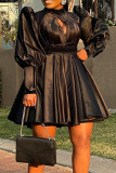 Red Sweet Solid Hollowed Out Patchwork Fold Half A Turtleneck A Line Dresses