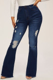 Dark Blue Fashion Casual Solid Ripped High Waist Regular Denim Jeans