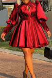 Red Sweet Solid Hollowed Out Patchwork Fold Half A Turtleneck A Line Dresses