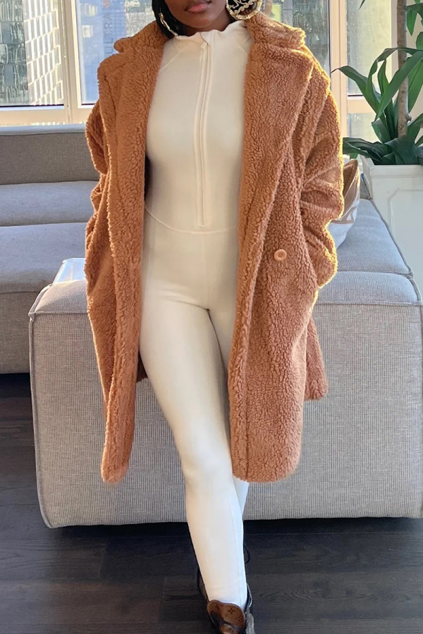 Dark Brown Elegant Solid Patchwork Pocket Cardigan Collar Outerwear