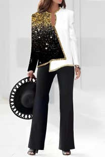 Gold Casual Print Patchwork V Neck Long Sleeve Two Pieces