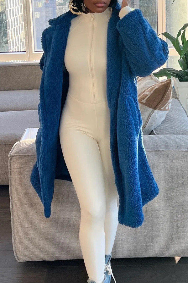 Blue Elegant Solid Patchwork Pocket Cardigan Collar Outerwear