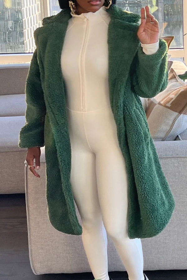 Green Elegant Solid Patchwork Pocket Cardigan Collar Outerwear