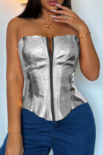 Silver Sexy Solid Patchwork Zipper Strapless Tops