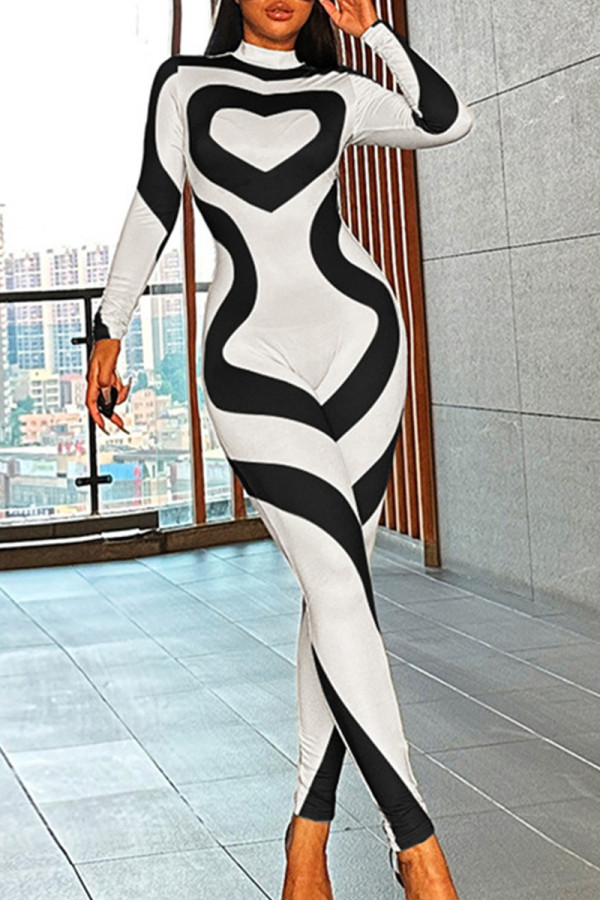 Black Sweet Print Patchwork Zipper Half A Turtleneck Skinny Jumpsuits