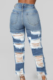Baby Blue Street Solid Ripped Patchwork Pocket Buttons Zipper High Waist Straight Denim Jeans