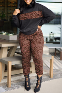 Coffee Casual Print Leopard Patchwork O Neck Plus Size Two Pieces
