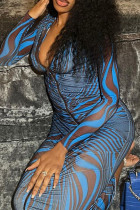 Blue Celebrities Striped Patchwork Zipper O Neck Printed Dress Dresses