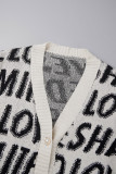 White Casual Letter Patchwork V Neck Outerwear