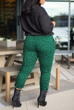 Ink Green Casual Print Leopard Patchwork O Neck Plus Size Two Pieces