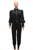 Red Casual Solid Patchwork Buttons Zipper Half A Turtleneck Long Sleeve Two Pieces