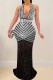 Black Sexy Patchwork Hot Drilling See-through Backless Halter Long Dress Dresses