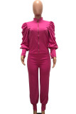 Red Casual Solid Patchwork Buttons Zipper Half A Turtleneck Long Sleeve Two Pieces