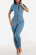 Sky Blue Casual Solid Patchwork Turndown Collar Short Sleeve Skinny Denim Jumpsuits