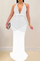 White Sexy Patchwork Hot Drilling See-through Backless Halter Long Dress Dresses