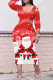 Red White Casual Print Basic U Neck Long Sleeve Dresses