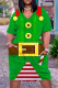 Green Casual Print Basic V Neck Short Sleeve Dress