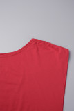 Red Casual Solid Backless Oblique Collar Short Sleeve Two Pieces