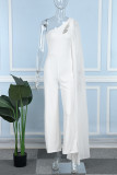 White Casual Daily Elegant Cut Out Asymmetrical Solid Color One Shoulder Regular Jumpsuits