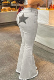 Grey Street Print Patchwork Pocket Buttons Zipper Boot Cut Mid Waist Speaker Positioning Print Bottoms