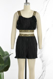 Black Casual Daily Simplicity Patchwork Contrast Spaghetti Strap Sleeveless Two Pieces