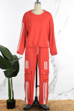 Red Casual Sportswear Daily Patchwork Plain Patchwork Draw String Pocket Pants O Neck Long Sleeve Two Pieces