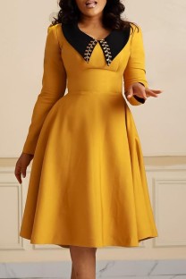 Yellow Casual Solid Patchwork Turndown Collar Long Sleeve Dresses