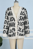 White Casual Letter Patchwork V Neck Outerwear