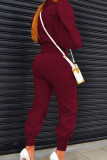 Red Casual Solid Patchwork Buttons Zipper Half A Turtleneck Long Sleeve Two Pieces