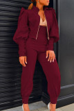 Red Casual Solid Patchwork Buttons Zipper Half A Turtleneck Long Sleeve Two Pieces