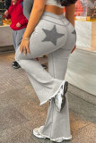 Grey Street Print Patchwork Pocket Buttons Zipper Boot Cut Mid Waist Speaker Positioning Print Bottoms