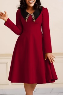 Burgundy Casual Solid Patchwork Turndown Collar Long Sleeve Dresses