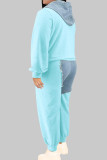 Light Blue Casual Color Block Patchwork Pocket Turndown Collar Plus Size Two Pieces