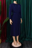 Dark Blue Casual Solid With Belt O Neck Long Sleeve Dresses