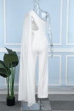 White Casual Daily Elegant Cut Out Asymmetrical Solid Color One Shoulder Regular Jumpsuits